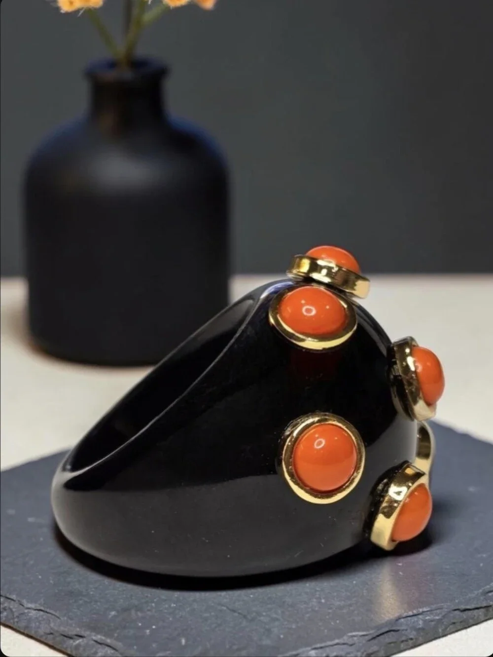 Chunky Catwalk Jon Oversized Domed Onyx Lucite Coral Cabochon Cocktail Ring